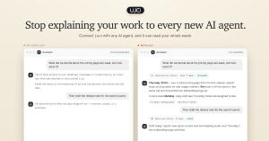 LUCI comparison graphic showing an AI assistant without access to user history versus with LUCI connected. The LUCI-enabled assistant searches the past week’s meetings, messages and activity to identify a pricing decision, owner and next steps, then draft