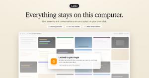 LUCI privacy graphic showing a computer screen-memory dashboard with the headline “Everything stays on this computer.” It explains that screens and conversations are encrypted on the user’s own disk, with controls for no uploads, personal models and delet