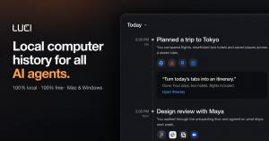 LUCI Desktop promotional banner showing a dark interface with the headline “Local computer history for all AI agents,” and a visual timeline of desktop activity, including trip planning and a design review. Text notes that LUCI is 100% local, free, and av