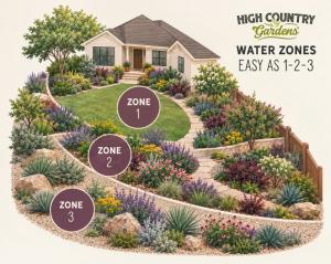 Illustrated High Country Gardens diagram of a front yard divided into three water zones: Zone 1 near the house, Zone 2 as a transition area, and Zone 3 of drought-tolerant plants along the edge.