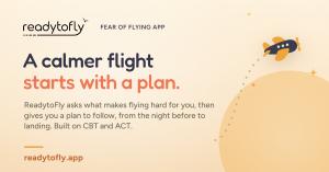 ReadytoFly fear of flying app. A small plane follows a dotted path past a rising sun, beside the words: A calmer flight starts with a plan.