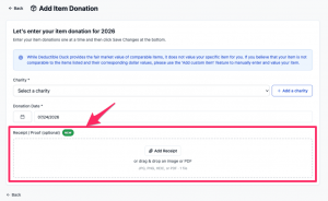 The Deductible Duck item donation form for 2026 with the new Receipt / Proof section highlighted, where a photo or PDF of the donation receipt is added.