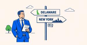 Illustration of a business owner at a signpost pointing to Delaware and New York, representing a Delaware LLC registering in New York.