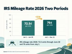 Bar chart of the 2026 IRS business mileage rate: 72.5 cents per mile for January 1 to June 30 and 76 cents per mile for July 1 to December 31, sourced to IRS Notice 2026-10 and Announcement 2026-11.
