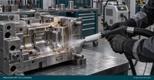 Gloved hands directing a dry ice nozzle at a steel injection mold on a workbench.