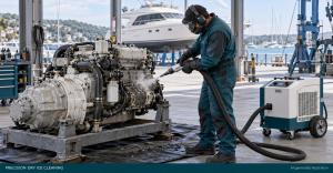 Technician cleaning a marine engine on a service cradle with a yacht in the background.