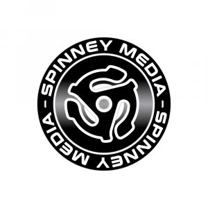 Spinney Media logo includes a 7" singles record insert for playing 7" singles on a standard record player spindle with the company name wrapped around it