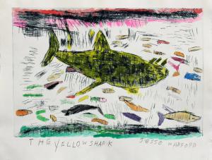 “The Yellow Shark” by Jesse Warford, a drypoint-and-watercolor artwork created through ECF Art Centers’ South LA studio.