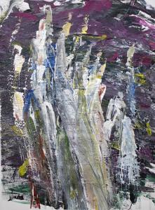 Vanessa McConnell’s abstract painting Untitled (Color Strokes On Purple Background), featuring layered white, blue, yellow and plum brushwork in a distinctive gestural composition developed through her long-standing artistic practice.