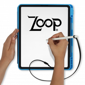 Usage image of ZoopLoop Silicone Stylus Tether attached to both tablet case and stylus. On the tablet screen is the Zooploop logo, consisting of a stylized Z and P bookending two Os in the form of an infinity symbol.