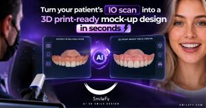 SmileFy AI 3D Design converting a patient intraoral scan into a 3D print-ready dental mock-up in seconds, with AI-generated smile design shown beside the original scan.