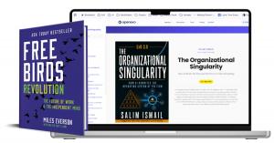 Free Birds Revolution by Miles Everson beside a laptop displaying Salim Ismail’s The Organizational Singularity and the OpenExO learning platform.