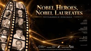 Black-and-gold exhibition poster featuring Nobel laureate portraits by Peter Badge, with dates and the Silver Leaf venue at Gardens by the Bay.