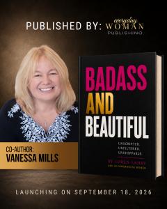 Vanessa Mills beside the BadAss and Beautiful book cover