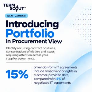 TermScout graphic showing 15% of vendor-form IT agreements vs. 4% of negotiated agreements for broad customer-data rights.