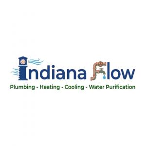 ndiana Flow logo with a water tower and pipe icon, tagline reads Plumbing, Heating, Cooling, Water Purification.