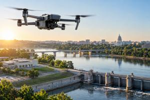 Commercial drone flying above public infrastructure near a government district.