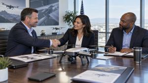 Business leaders discussing a government drone partnership around a conference table.