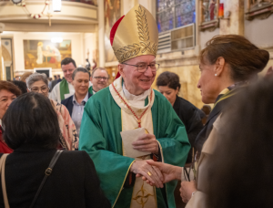 Cardinal Parolin Greets Parishioners at Our Lady of Pompeii Church at 125th Anniversary Mass of St Scalabrini's visit to the United States. Photo Credit: Jeffrey Bruno