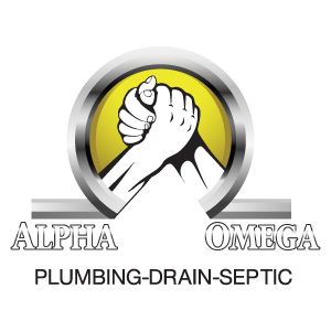 Alpha Omega Plumbing logo with two clasped hands inside a circle, text reads Plumbing, Drain, Septic.