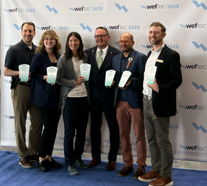 WEF 2025 Rudolfs Industrial Waste Management Medal recipients, including 374Water's Sunny and David (second from right and far right).