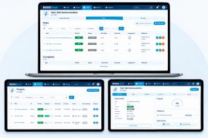 BOSSDesk Project Management desktop interface showing project tasks, milestones, and project progress