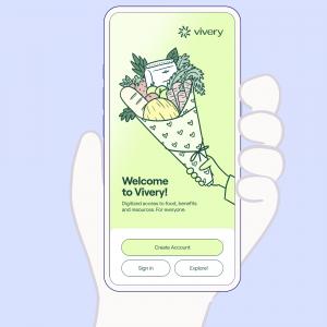 Vivery mobile app welcome screen with an illustrated bouquet of fresh food and the message 'Digitized access to food, benefits and resources, for everyone.'