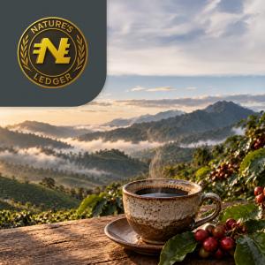 Panama coffee over a scenic Panamanian landscape representing the Nature's Ledger tokenized agricultural asset