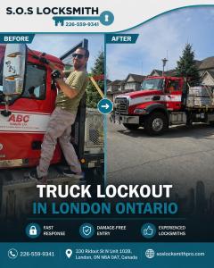 S.O.S Locksmith technician with service vehicle in London, Ontario