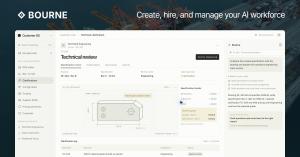 Bourne Customer OS technical review screen beneath the words Create, hire, and manage your AI workforce.