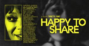 Promotional artwork for Trinette Faint’s short film “Happy to Share,” showing a woman’s face beside AI hiring data in black and yellow.