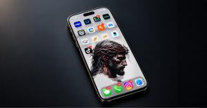 Painting of Jesus Christ in profile, head bowed, wearing a crown of thorns with blood on his face, on a soft grey background. This was Cash Gaudio's phone lock screen image.