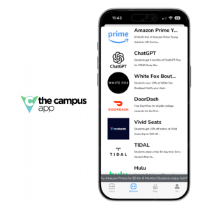iPhone displaying The Campus App with national student discounts and offers for college students.