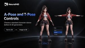 Two humanoid 3D characters demonstrate A-Pose and T-Pose beside a Pose selector with Auto, A-Pose, and T-Pose options.