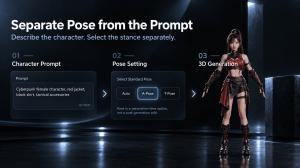 Three-step illustration showing a character prompt, A-Pose selection, and the generated 3D character.