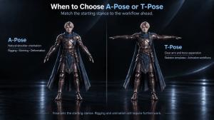 Side-by-side 3D character comparison showing downward-angled arms in A-Pose and horizontally extended arms in T-Pose.