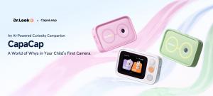 Promotional image of the CapaCap children’s camera in pink, green, and white. The white camera shows two animated characters on its screen. Dr.Look Ai and CapaLeap logos appear beside the text “A World of Whys in Your Child’s First Camera.”