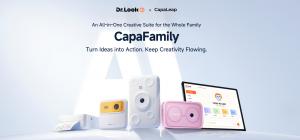 CapaFamily promotional graphic featuring three devices, a strip of printed paper, and a tablet displaying the CapaFamily interface. The Dr.Look Ai and CapaLeap logos appear above the tagline “Turn Ideas into Action. Keep Creativity Flowing.”