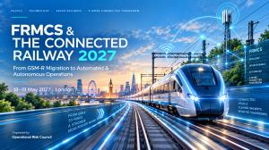 Modern passenger train with digital network graphics representing FRMCS, GSM-R migration and next-generation railway communications for FRMCS & The Connected Railway 2027 in London.