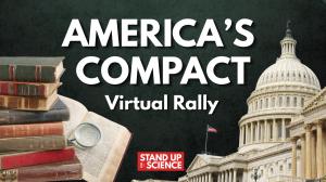 Graphic of a stack of books and the Capitol Building, with the text "America's Compact Virtual Rally" in the middle.