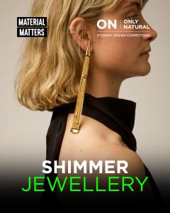 Close-up profile of a model wearing a long golden Shimmer Jewellery earring by Ana Luisa Braun Rodrigues, with Only Natural Student Design Competition and Material Matters branding.
