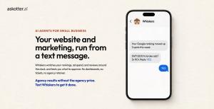Smartphone showing a text message thread with Whiskers, the askotter.ai AI agent, recommending an ad budget shift that the owner approves by replying YES.