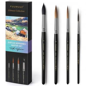Four FUUMUUI watercolor brushes displayed beside Svetlin Sofroniev branded packaging on a white background.