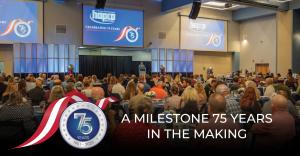 Employees, retirees and guests gather for Hapco’s 75th anniversary celebration, with a banner reading “A milestone 75 years in the making.”