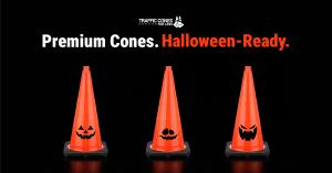 Three orange traffic cones with black bases on a black background. Each one has a different black jack o' lantern face. Above them are the Traffic Cones For Less logo and the headline "Premium Cones. Halloween-Ready."