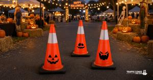Three orange traffic cones with reflective white collars and jack o' lantern faces stand on a paved path at an evening fall festival. The path is lined with hay bales, carved pumpkins, scarecrows, string lights and a Happy Halloween sign.