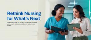 Two nurses collaborating in a healthcare setting, with the message “Rethink Nursing for What’s Next” and Tipton Health branding.