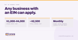 Crown Office Supplies graphic reading "Any business with an EIN can apply," with three panels showing an opening credit limit of $1,000 to $4,000, a typical opening limit of about $2,500, and payment history reported monthly covering the prior month.