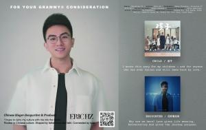 Portrait of Chinese singer-songwriter and producer Eric HZ alongside artwork for his songs “Child” and “Encounter.”