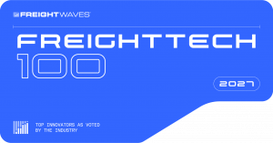 Blue logo that shows FreightWaves logo and reads "FreightTech 100 2027 Top Innovators as voted by the industry"